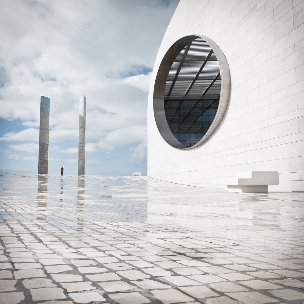 White Architecture Sky Reflection by Robert Steinkopff — canvas wall art
