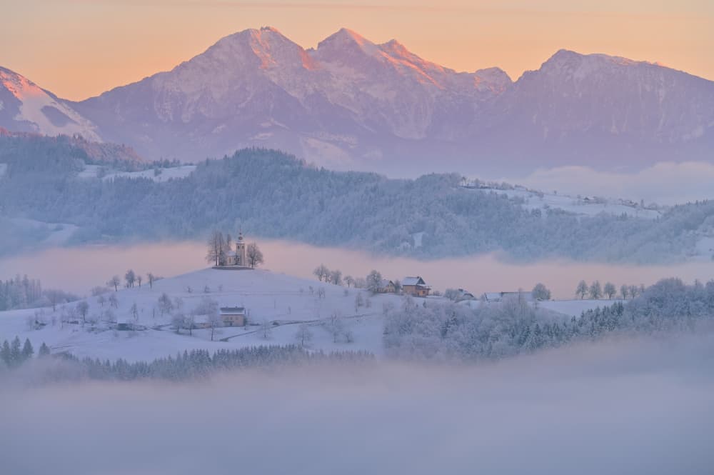 Misty Winter Church Sunrise by Drago Vogrinec — canvas wall art