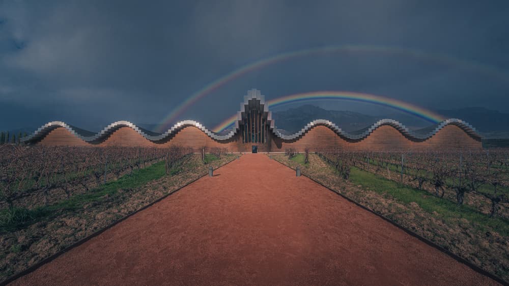 Rainbow Over Modern Winery by Enrique Rodriguez de Mingo — canvas wall art