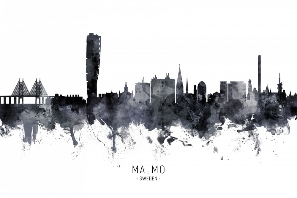 Malmo Skyline Watercolor by Michael Tompsett — canvas wall art