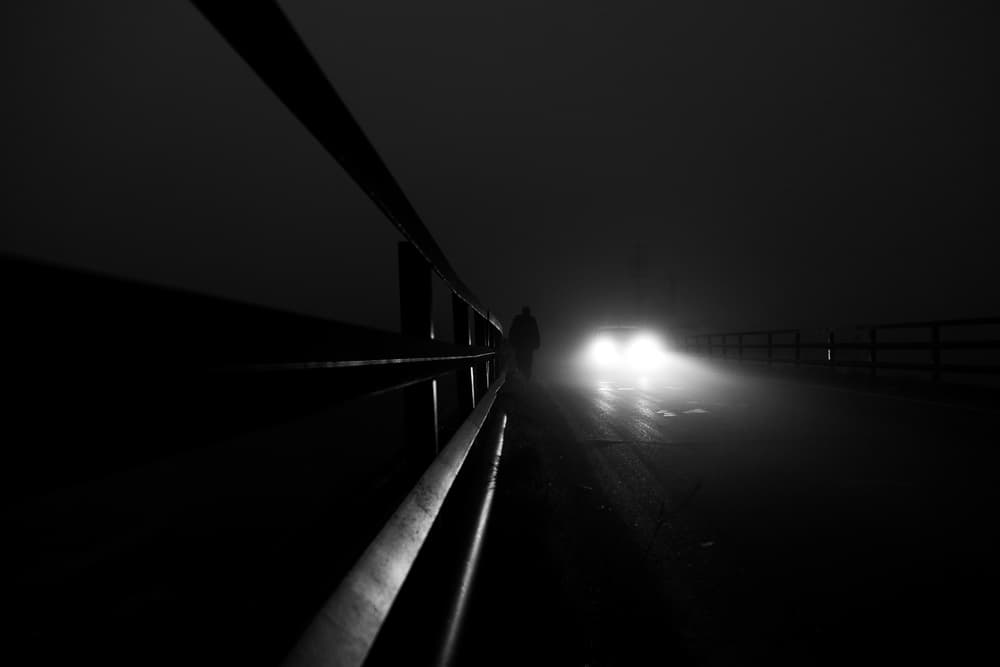 Lone Figure Foggy Night by Ali Ayer — canvas wall art