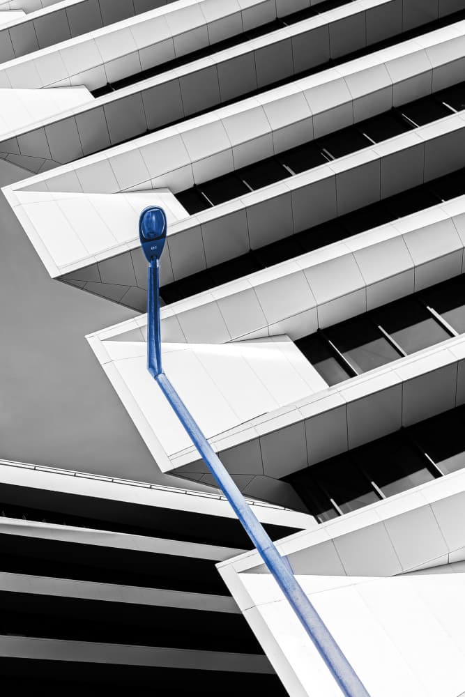 Geometric Building Blue Light by Simon H — canvas wall art