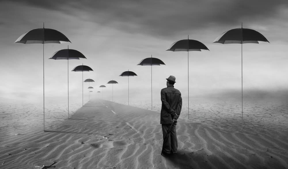 Man on Umbrella Road by Hari Sulistiawan — canvas wall art