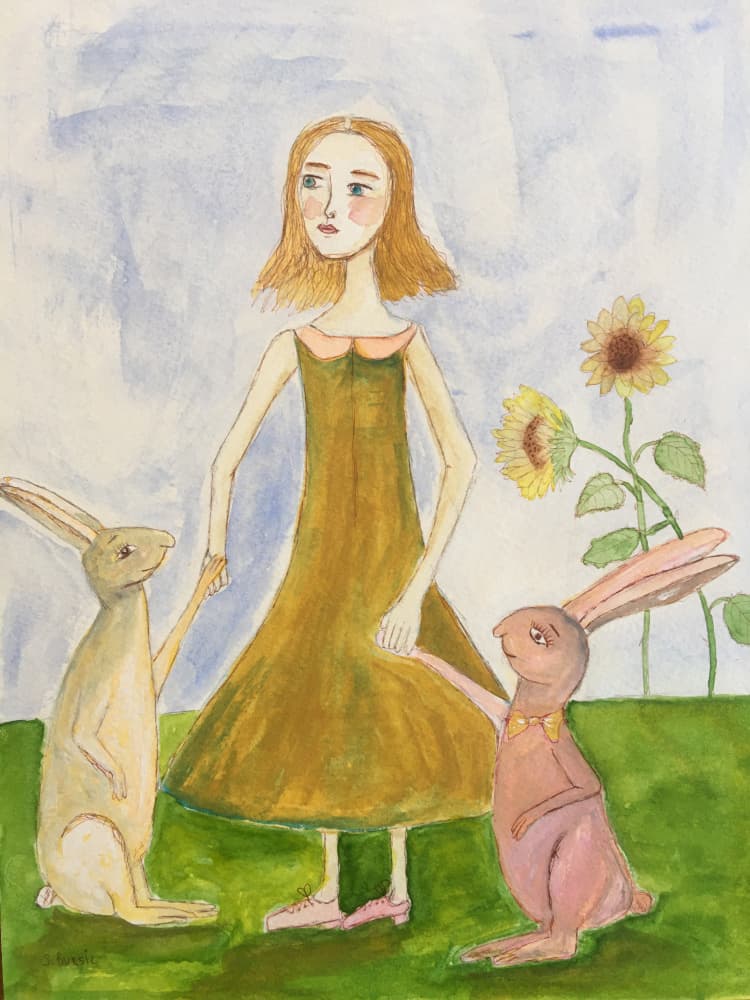 Whimsical Girl and Rabbits by Sharyn Bursic — canvas wall art