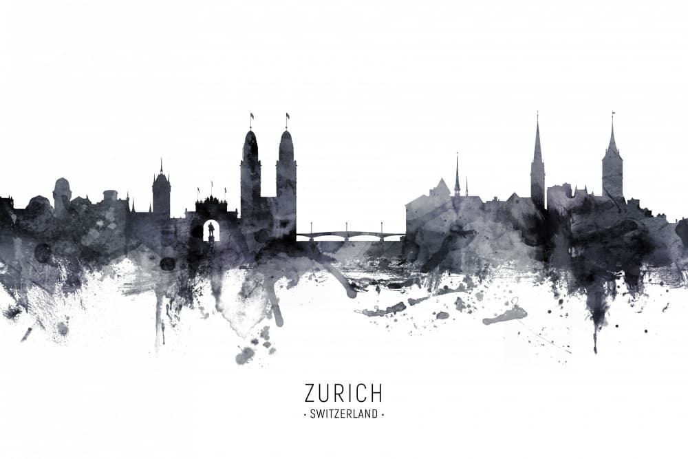 Zurich Watercolor Skyline by Michael Tompsett — canvas wall art