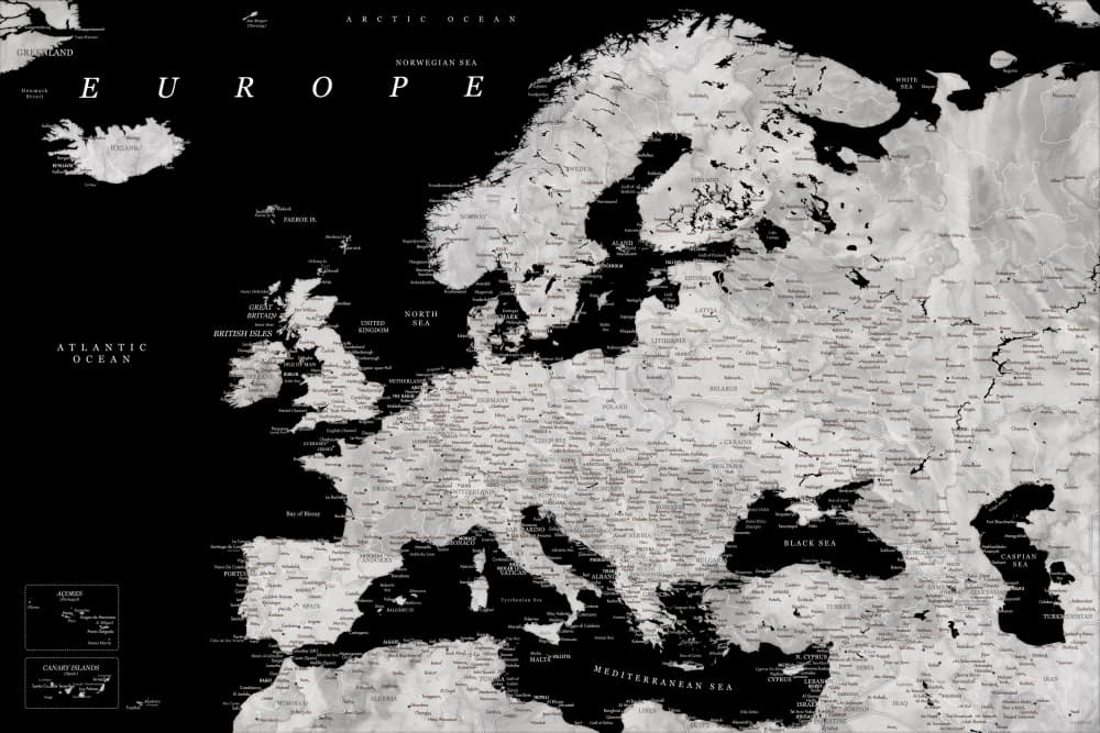 Black and White Europe Map by Rosana Laiz Blursbyai — canvas wall art