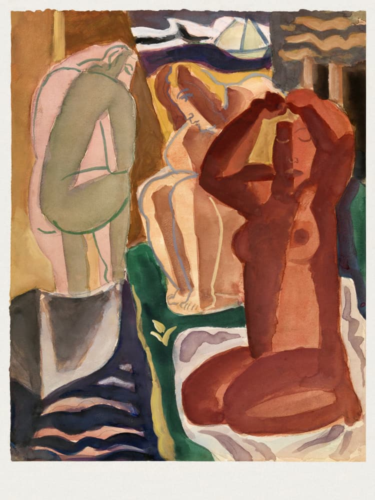 Two Bathing Women and a Bridge Figure  - Leo Gestel 60x80cm White Border by Leo Gestel — canvas wall art