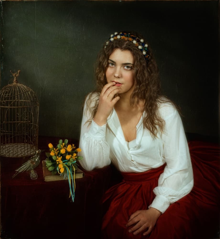 Pensive Woman with Birdcage by Svetlana Melik-Nubarova — canvas wall art