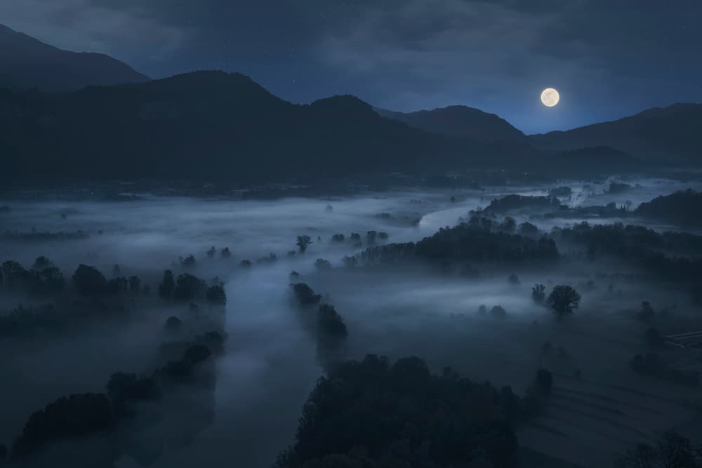 Moonlit Misty Valley by Marina Anghileri — canvas wall art