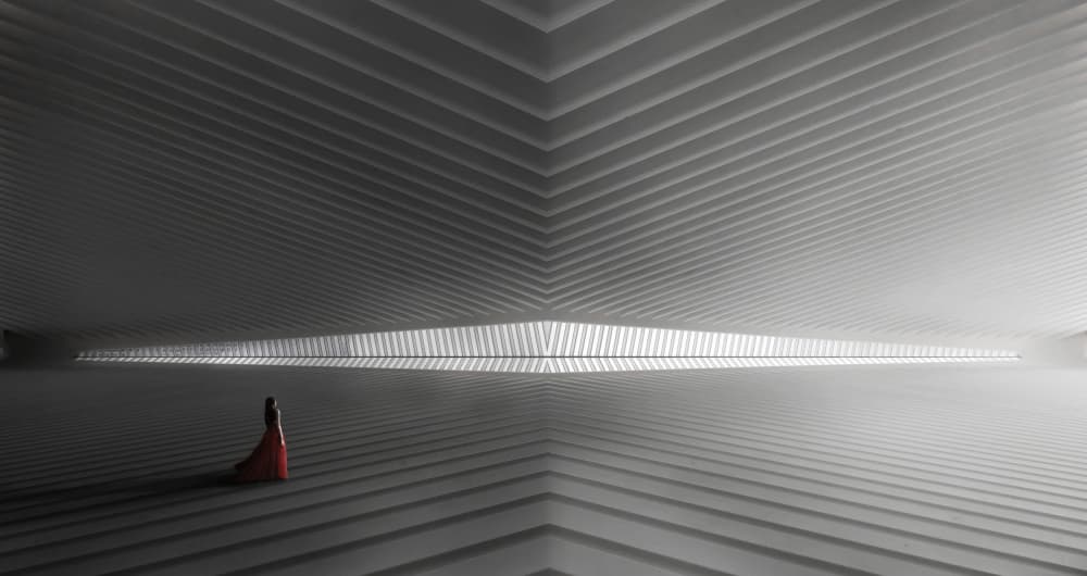 Red Dress Minimalist Hall by kazutoshikawakami — canvas wall art