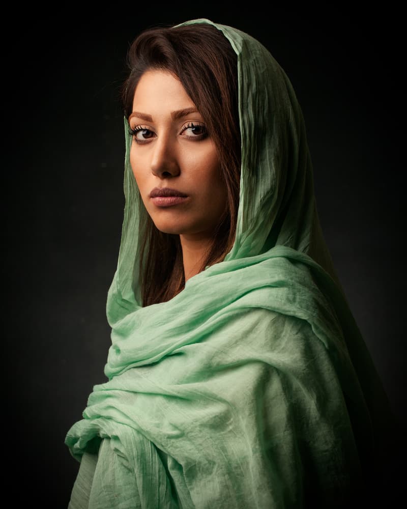 Elegant Woman Green Scarf by Mehdi Mokhtari — canvas wall art