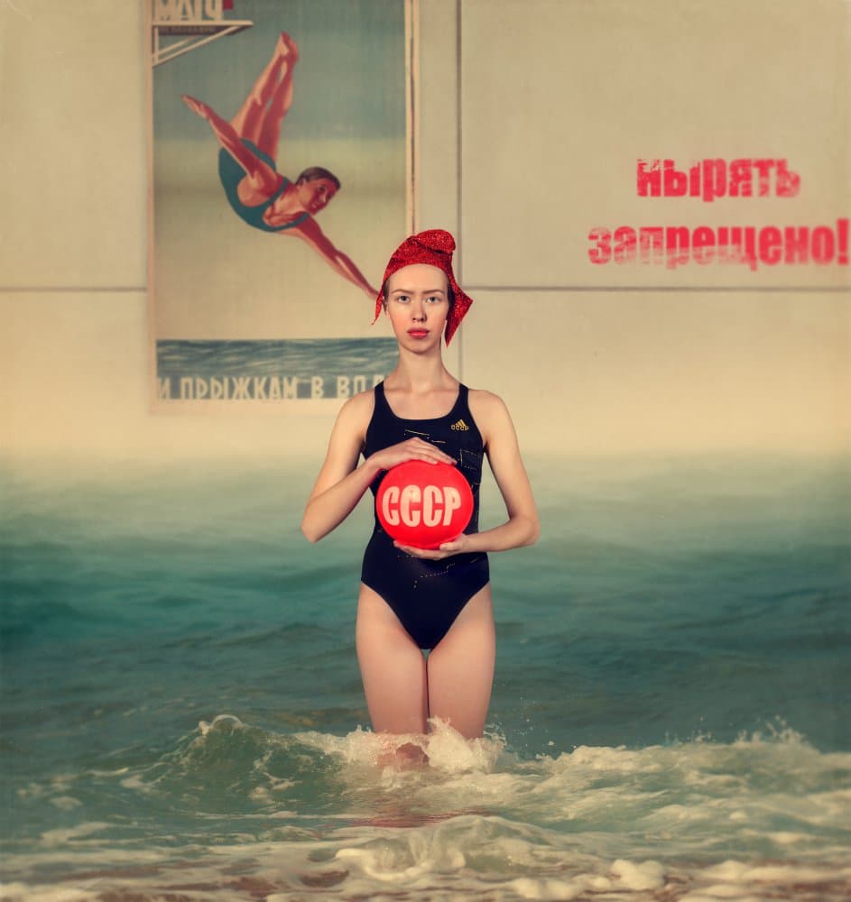 Retro Swimmer Red Ball by Svetlana Melik-Nubarova — canvas wall art