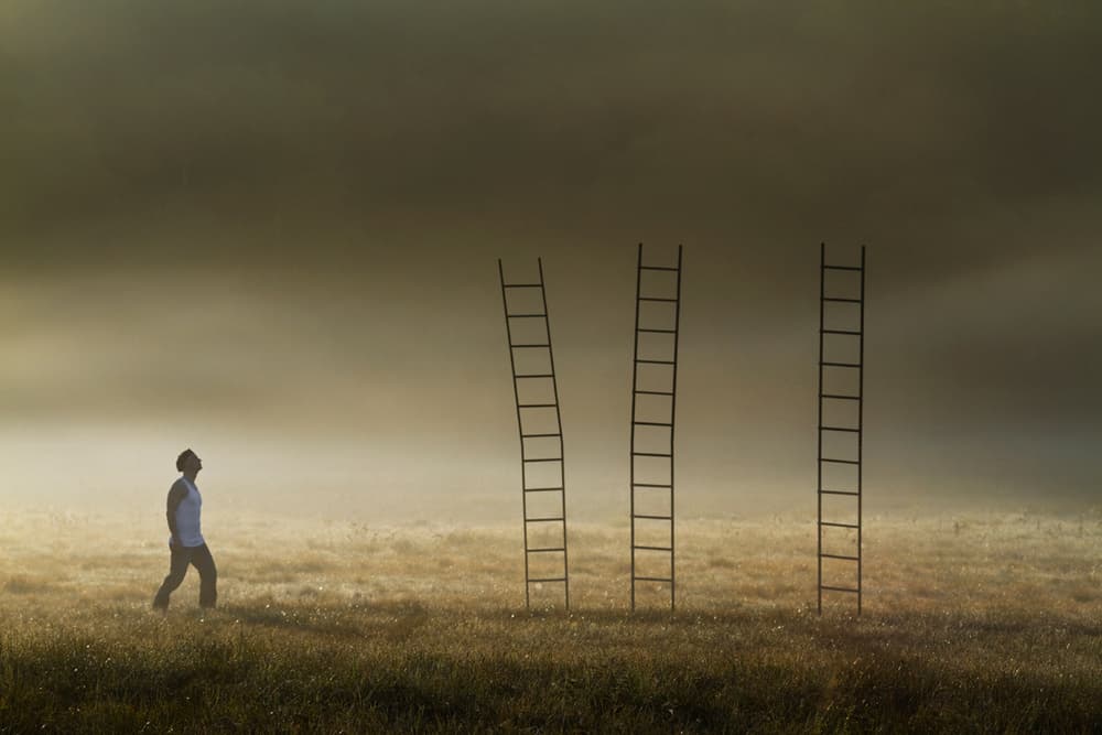 Man and Three Ladders by Leszek Paradowski — canvas wall art