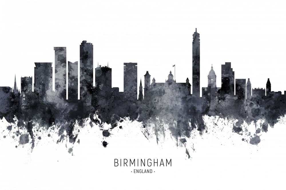 Birmingham Watercolor Skyline by Michael Tompsett — canvas wall art