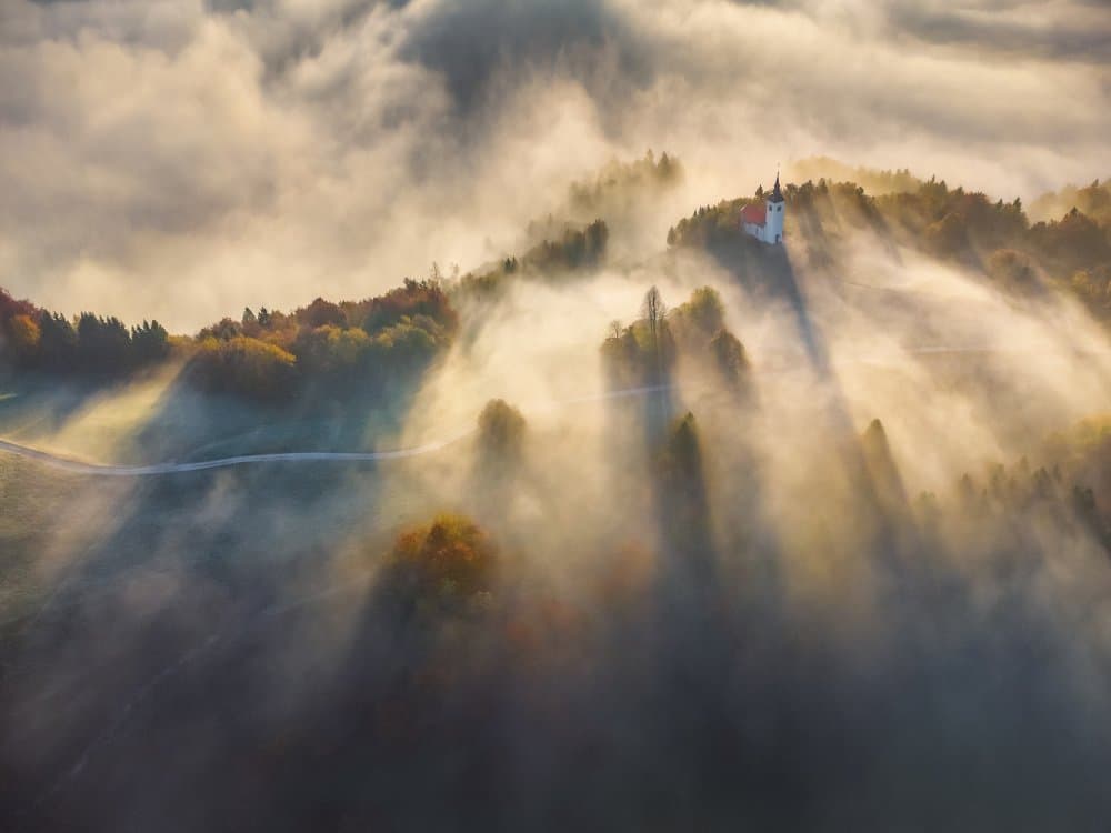 Morning Fog Church by Ales Komovec — canvas wall art