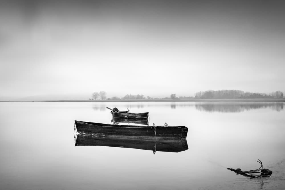 Misty Lake Boats by George Digalakis — canvas wall art