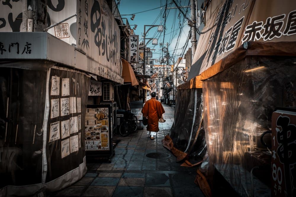 Monk in Japanese Alley by royhoo — canvas wall art