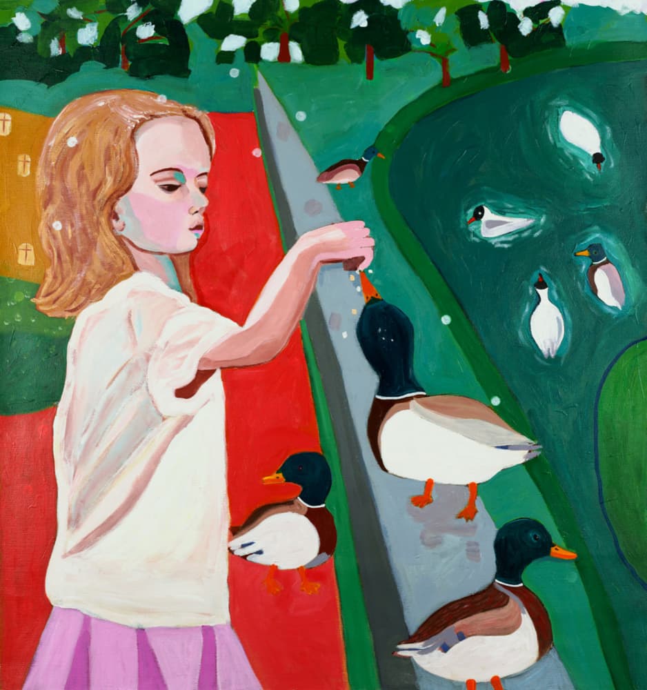 Girl Feeding Ducks in Park by Monica Prentice — canvas wall art