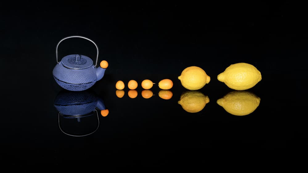 Blue Teapot Yellow Lemons by Leah Xu — canvas wall art