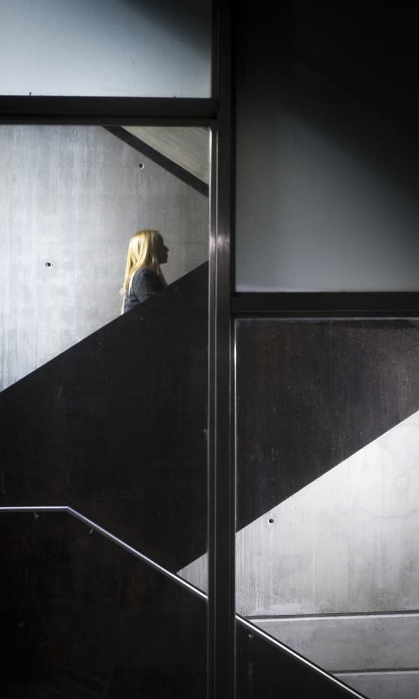 Woman on Modern Stairs by Miguel Angel Franco Dana — canvas wall art