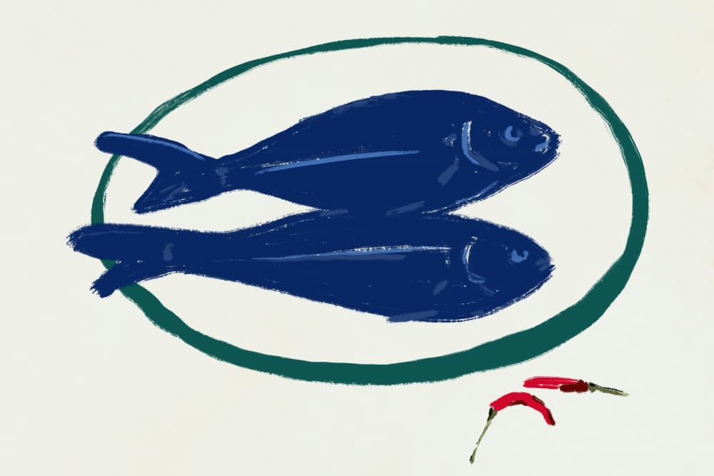 Fish and Red Chilies by Little Dean — canvas wall art