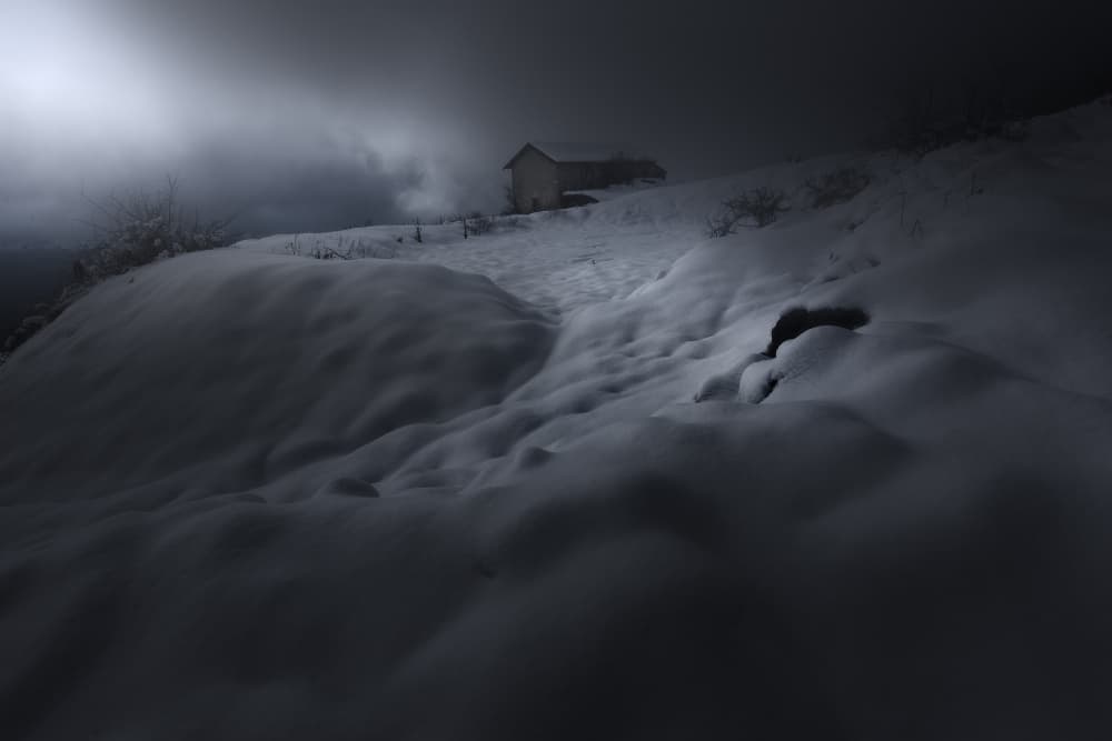 Snowy Mountain Cabin Path by Filippo Manini — canvas wall art