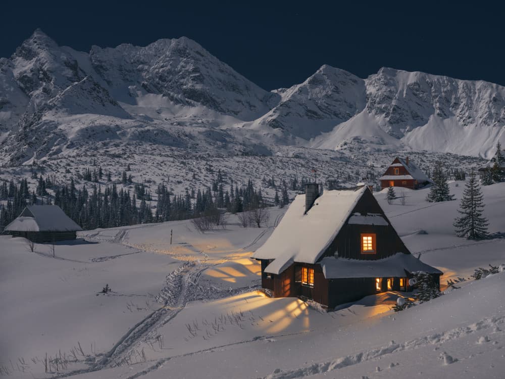 Mountain Cabin Winter Glow by Karol Nienartowicz — canvas wall art