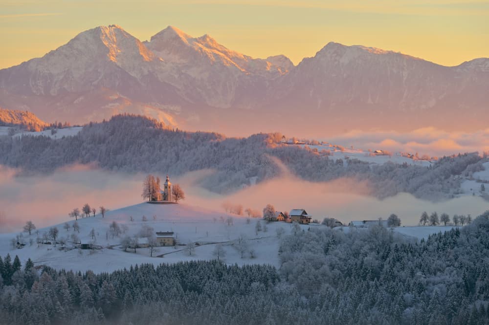 Snowy Church Mountain Sunrise by Drago Vogrinec — canvas wall art
