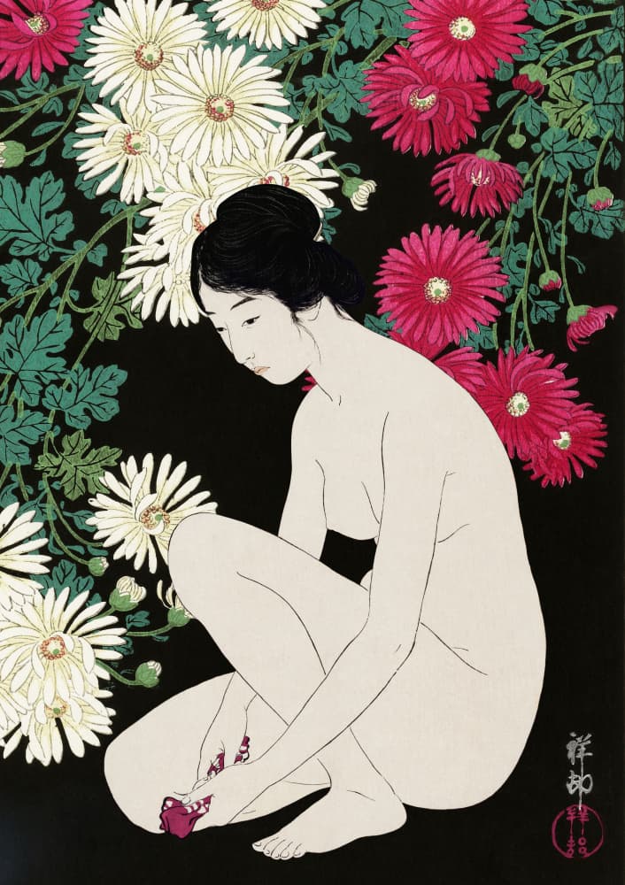 Woman Among Chrysanthemums by Marja van den Hurk — canvas wall art