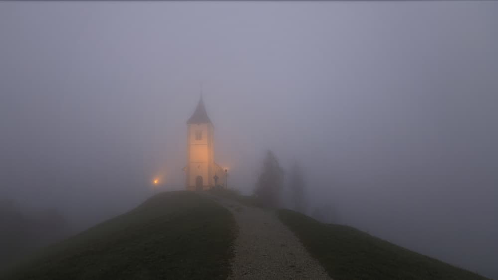 Misty Hilltop Church by Bor — canvas wall art