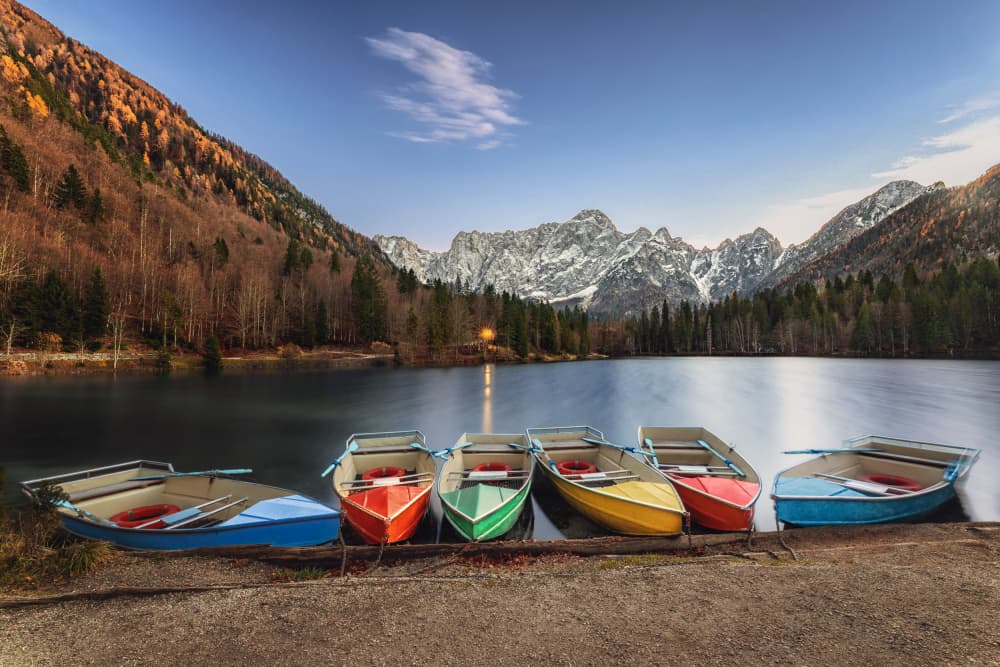 Autumn Boats Alpine Lake by Davorin Baloh — canvas wall art