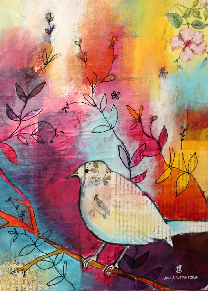 Whimsical Bird on Branch by Ania Witwitzka — canvas wall art