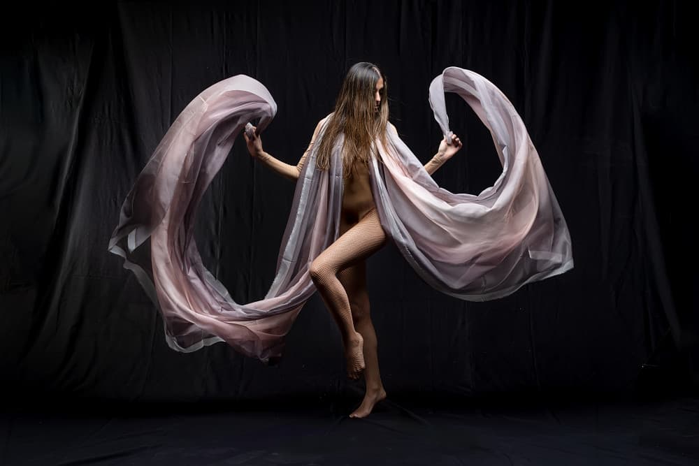 Nude Woman Flowing Fabric by Joan Gil Raga — canvas wall art