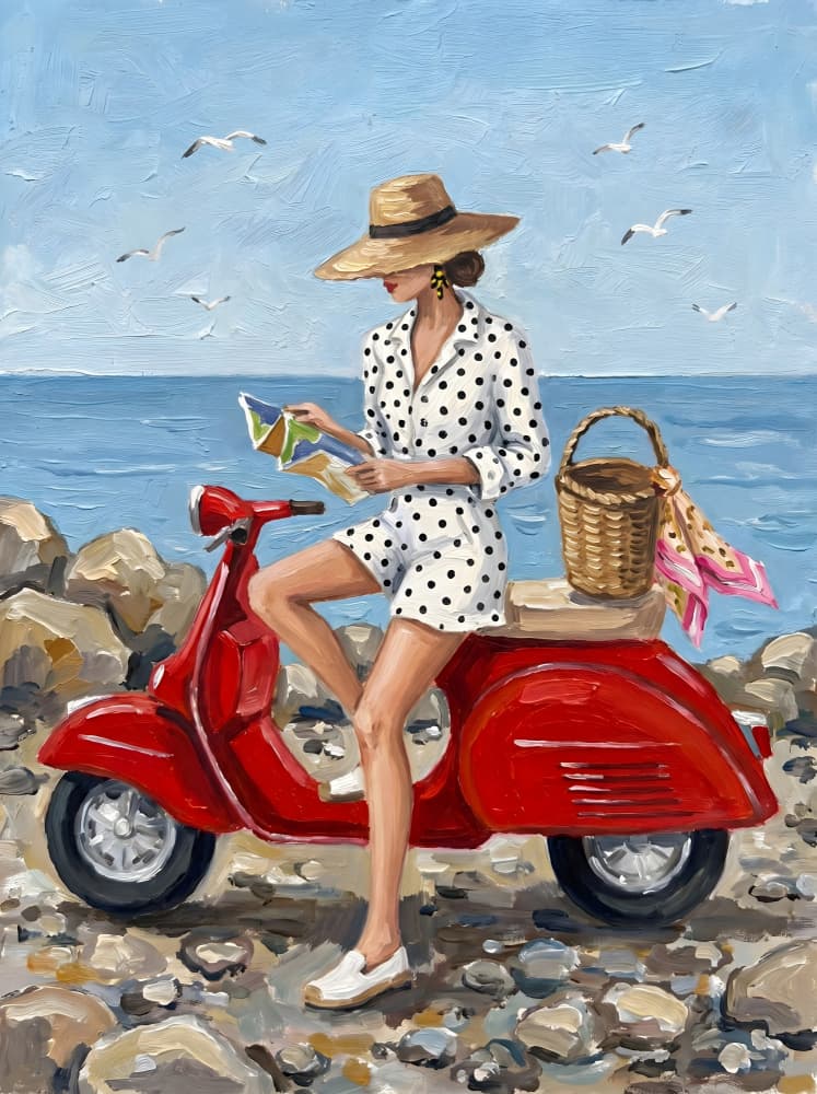 Stylish Woman Beach Scooter by HUGO — canvas wall art