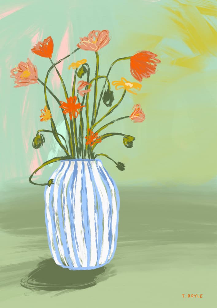 Vibrant Poppies in Striped Vase by Tara Royle — canvas wall art