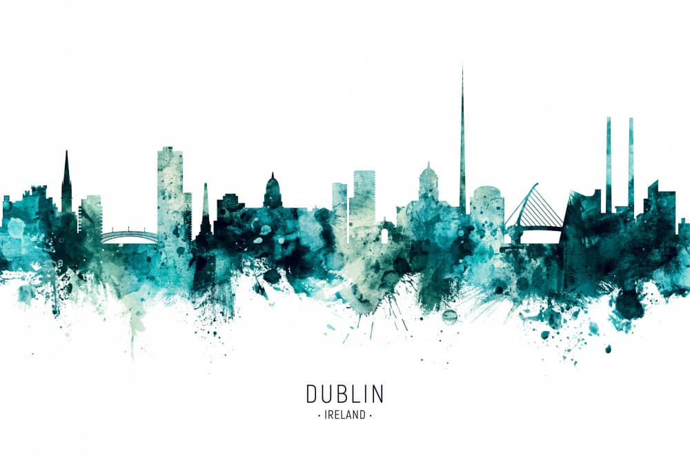 Dublin Watercolor Skyline by Michael Tompsett — canvas wall art