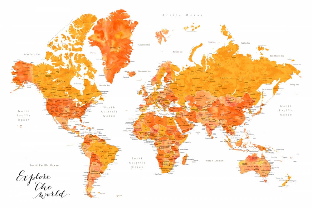 Orange Watercolor World Map by Rosana Laiz Blursbyai — canvas wall art
