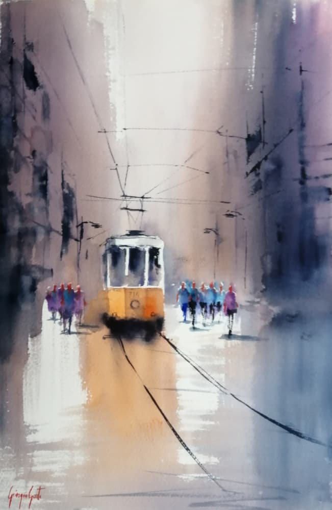 City Tram Scene by Giorgio Gosti — canvas wall art