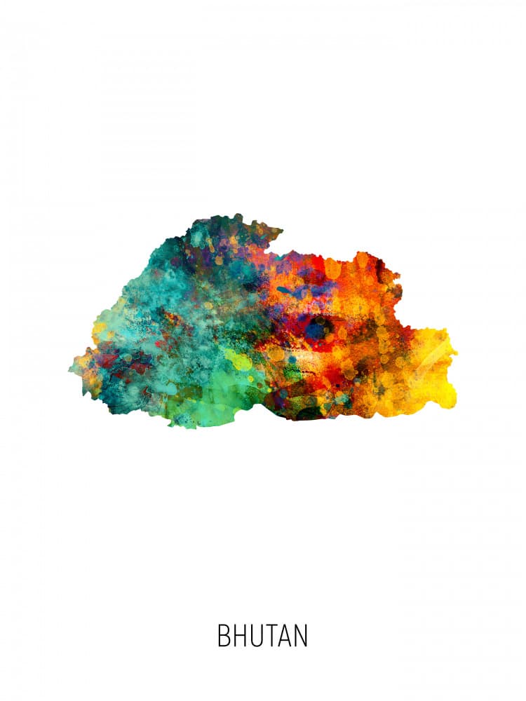 Colorful Bhutan Map by Michael Tompsett — canvas wall art