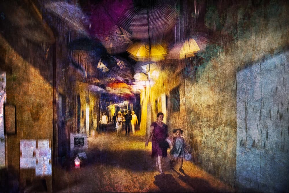 Charming Umbrella Street Evening by Nicodemo Quaglia — canvas wall art