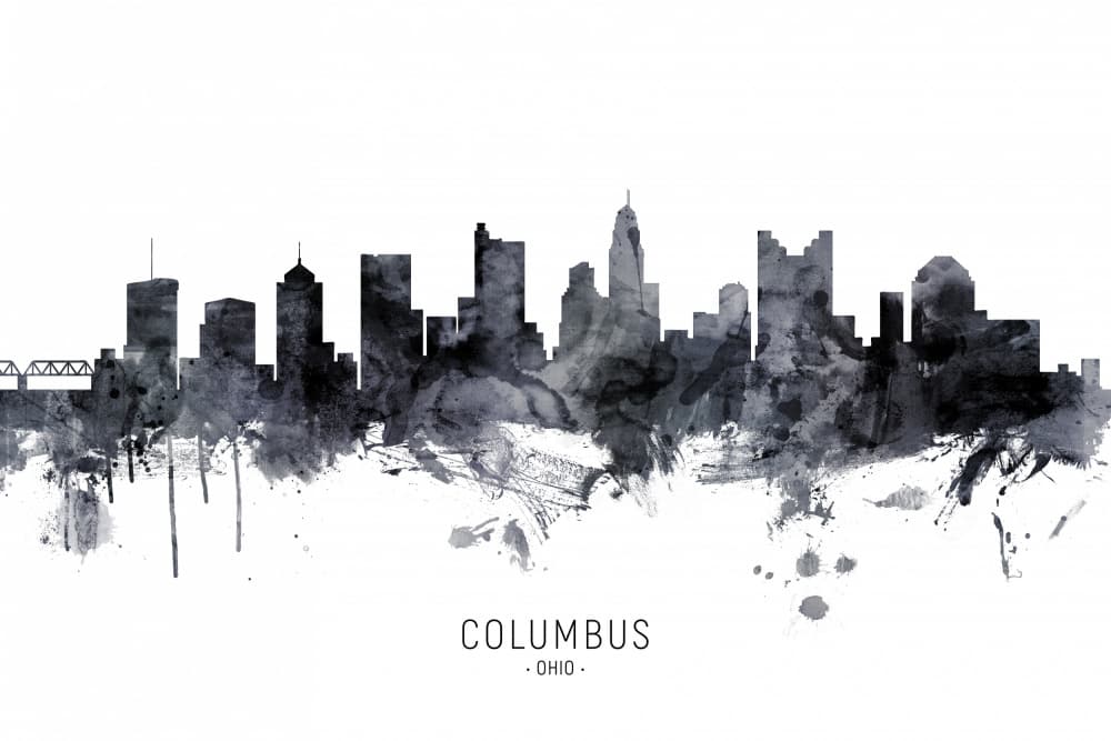Columbus Ohio Skyline Watercolor by Michael Tompsett — canvas wall art
