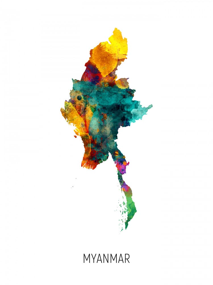 Colorful Myanmar Map by Michael Tompsett — canvas wall art
