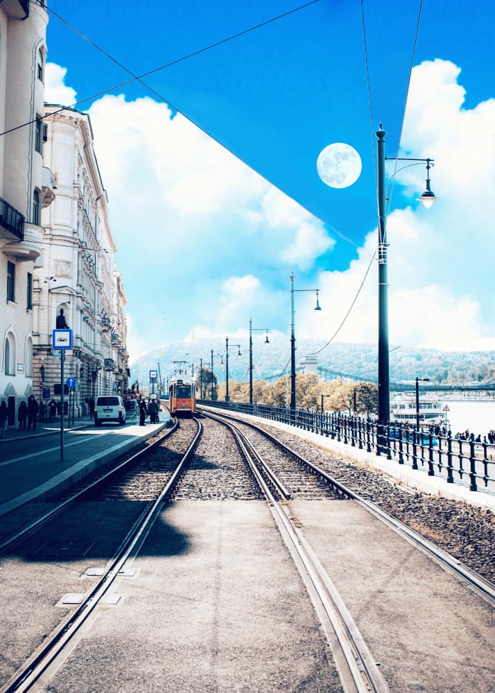 Budapest Moon Tramscape by Ariz Rab — canvas wall art