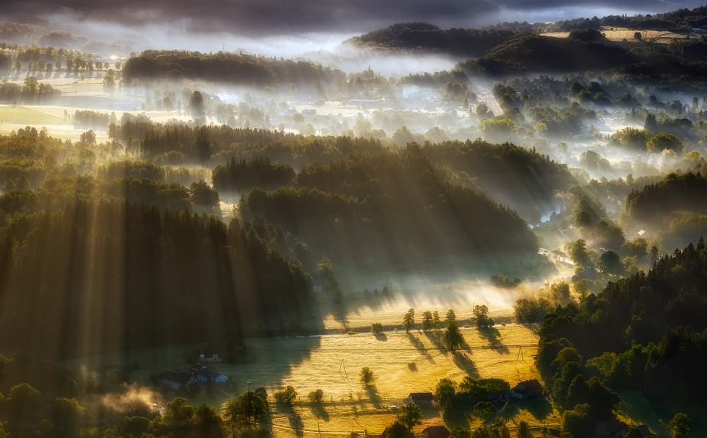 Misty Morning Sunbeams by Piotr Krol (Bax) — canvas wall art