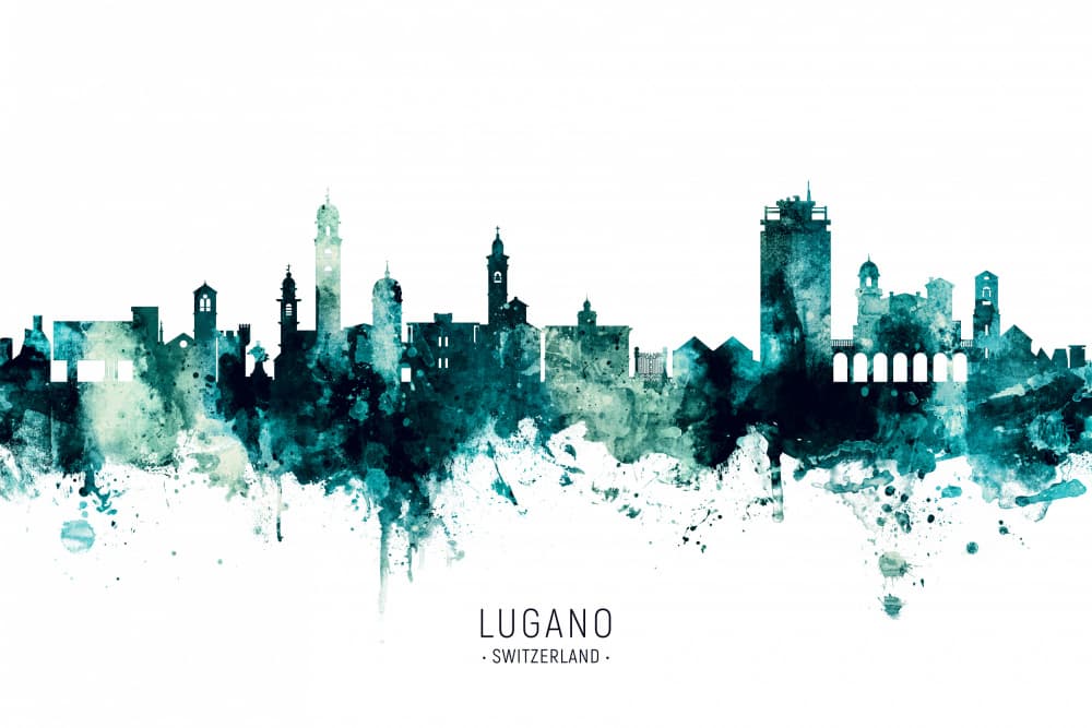 Teal Lugano Cityscape by Michael Tompsett — canvas wall art
