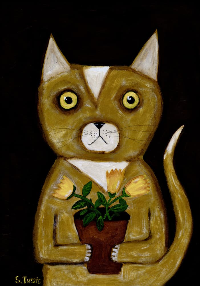 Whimsical Cat with Flowers by Sharyn Bursic — canvas wall art