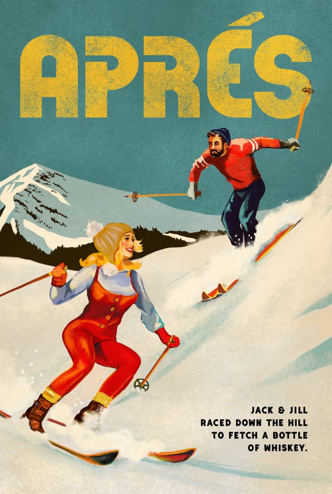 Vintage Pin Up Apres Whiskey Ski Couple by The Whiskey Ginger — canvas wall art