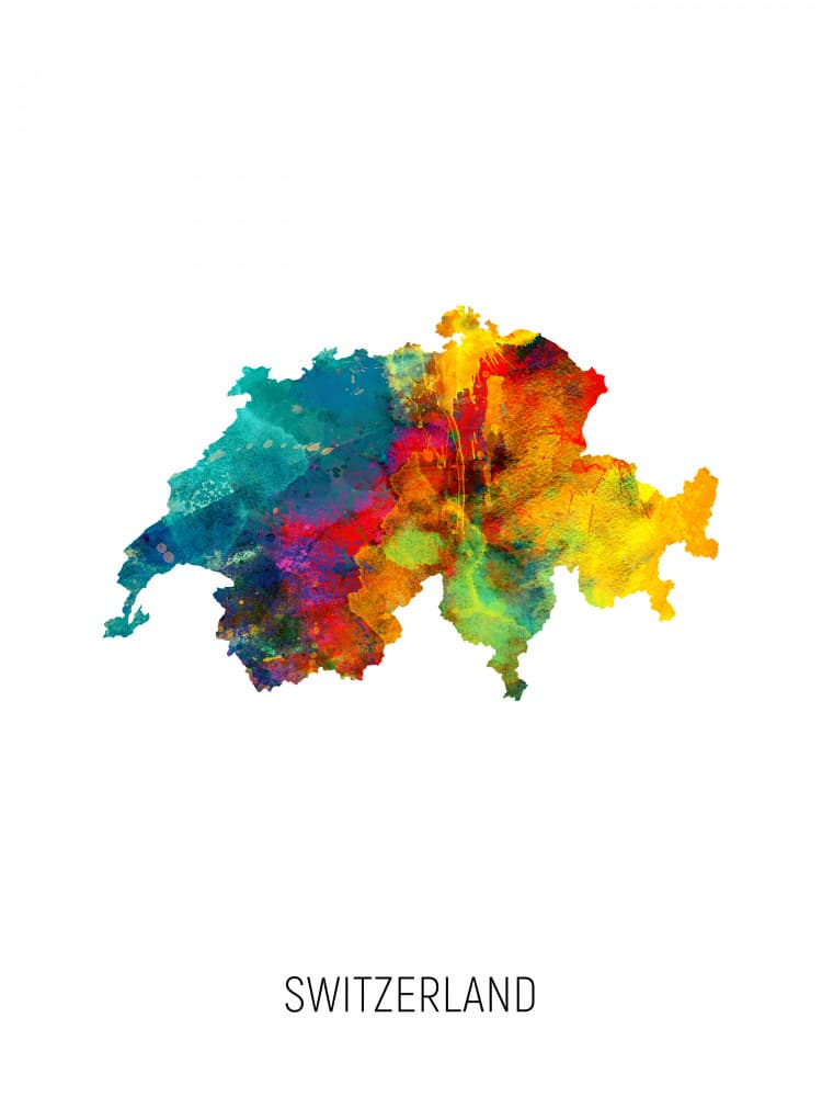 Colorful Switzerland Map by Michael Tompsett — canvas wall art