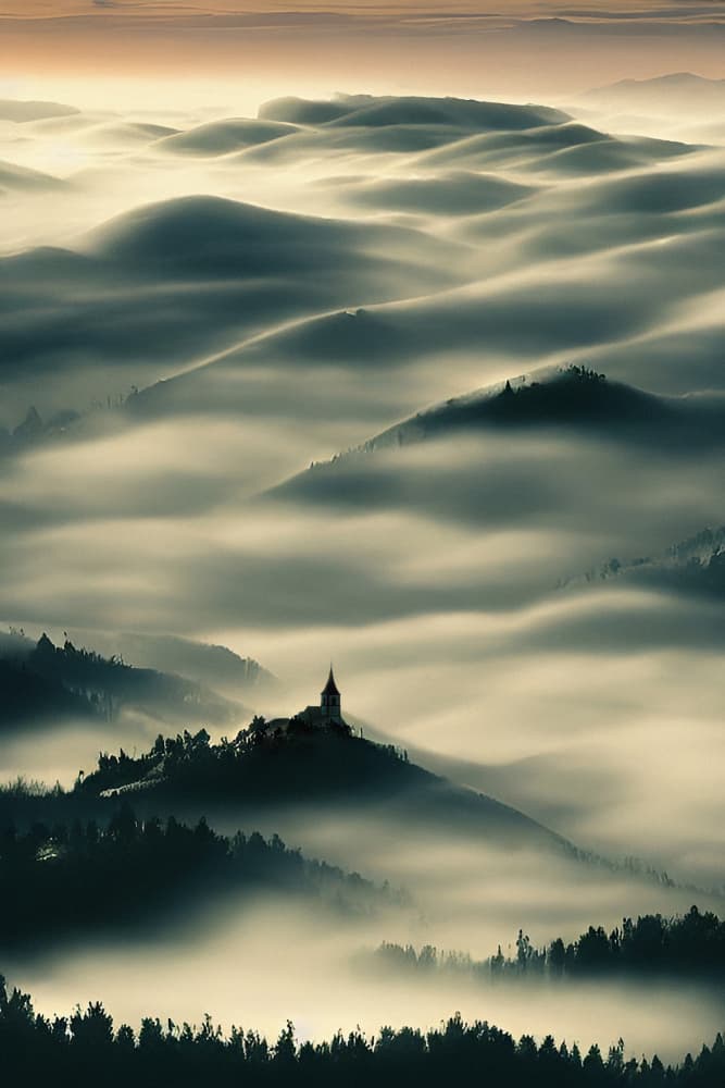 Misty Mountain Church by Manu Allicot — canvas wall art