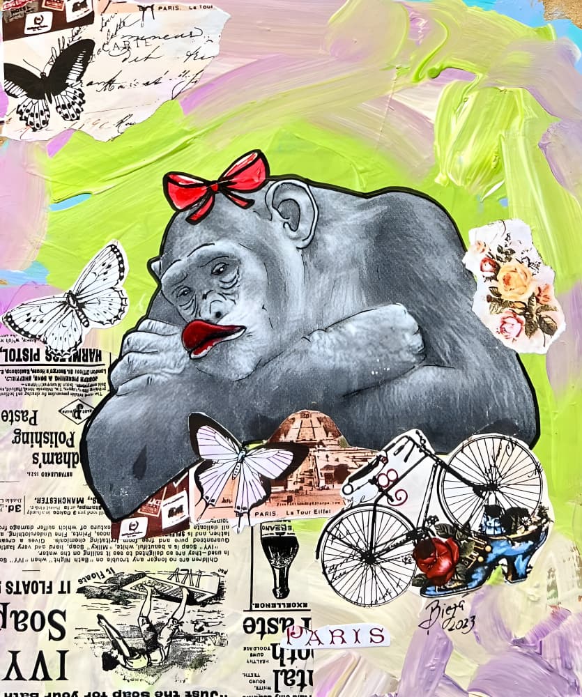 Pensive Chimp Paris Collage by Anda Bieza — canvas wall art